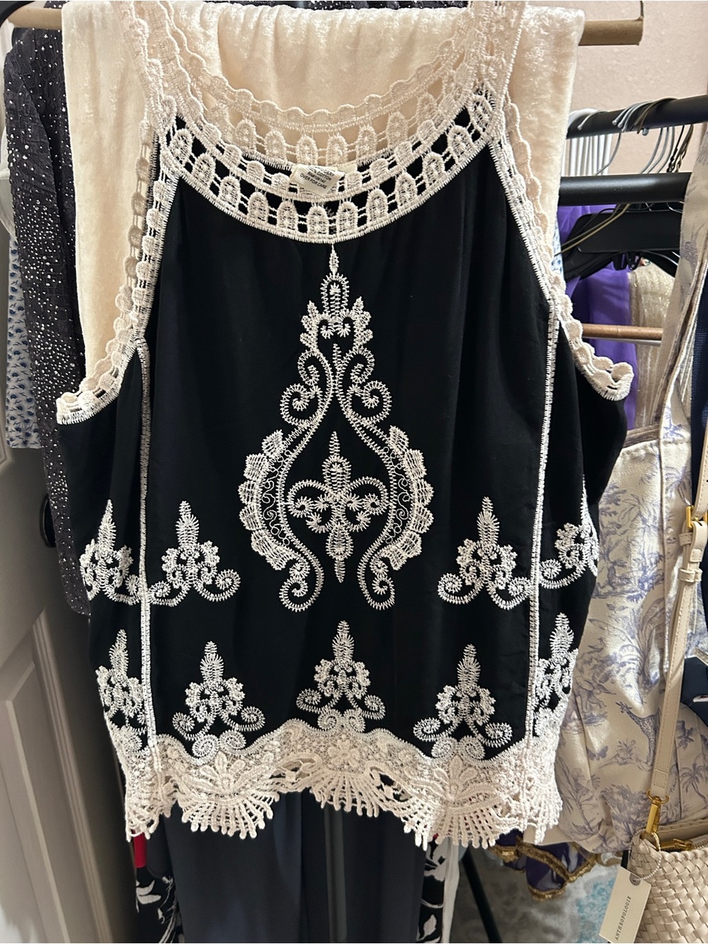 Ultra Pink Black Tank Top with White Lace Embroidery